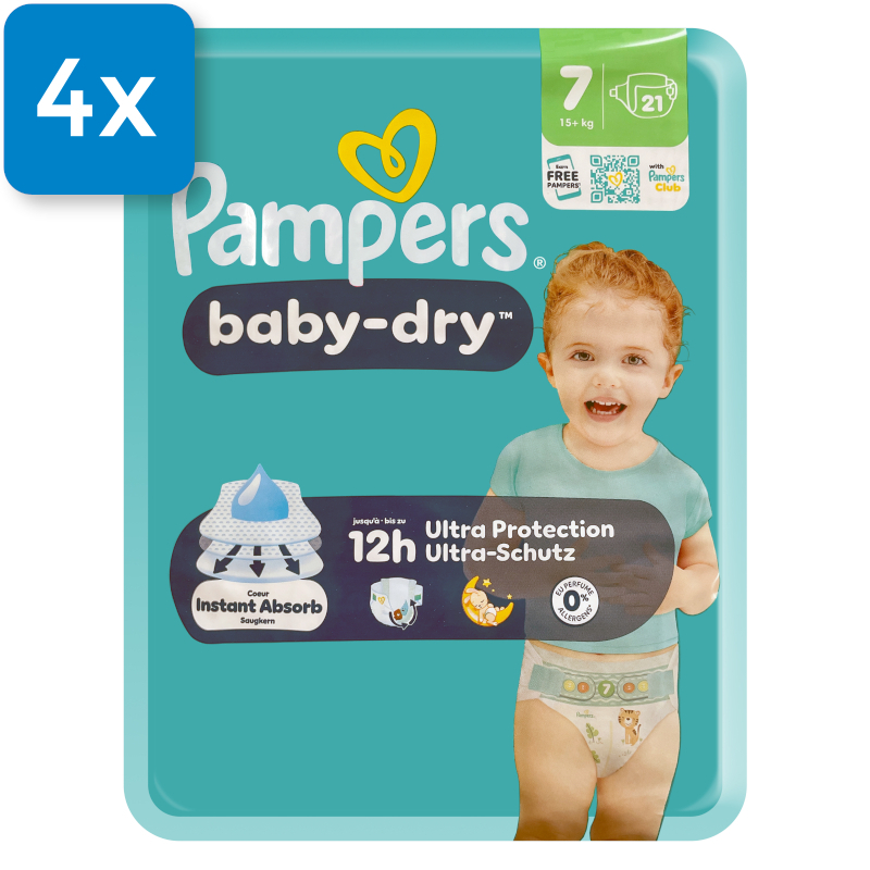 Vorderseite einer Packung Pampers Baby Dry Größe 7. Oben links ist ein blaues Viereck mit der Aufschrift "4x", welches aussagt, dass vier Packungen in einem Karton enthalten sind.